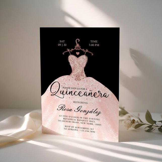 Blush Pink Quinceañera Roya Gown Black Invitation (Blush Pink Quinceañera Roya Gown Black Invitation)