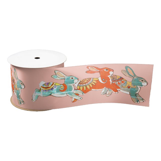 Blush Pink Rabbit Bunny Folk Art Tribal Pattern Satin Ribbon (Spool)