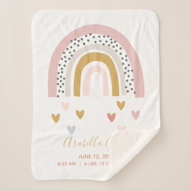 Blush Pink Rainbow Baby Script Birth Stats Sherpa Blanket (Front)