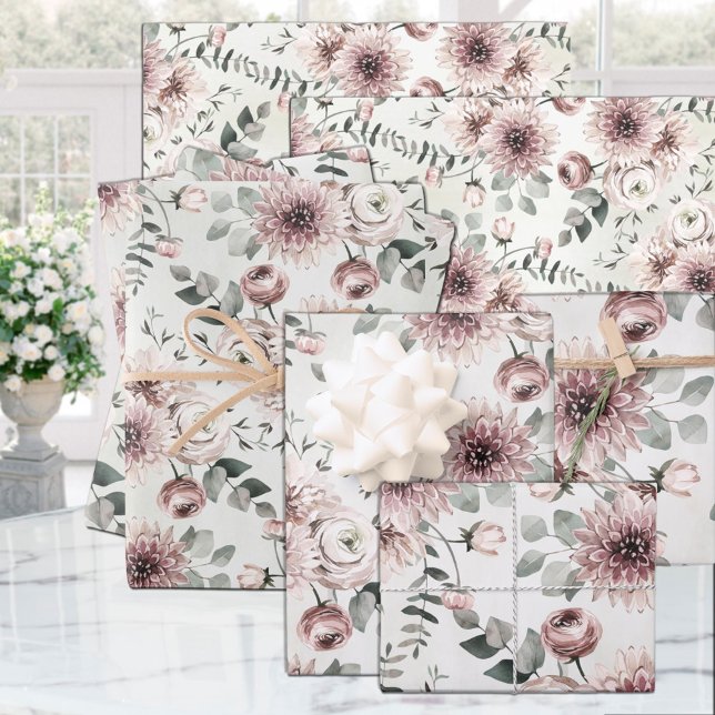 Blush Pink Ranunculus Dahlia Eucalyptus Garden Wrapping Paper Sheet (Creator Uploaded)