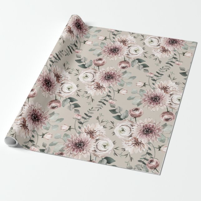 Blush Pink Ranunculus Dahlias Eucalyptus Garden Wrapping Paper (Unrolled)
