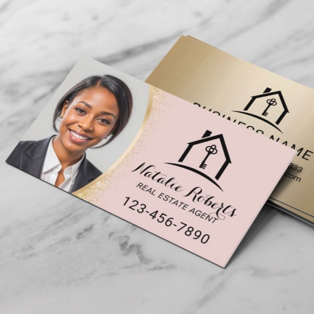 Blush Pink Real Estate Agent Modern Gold Photo Business Card (Creator Uploaded)