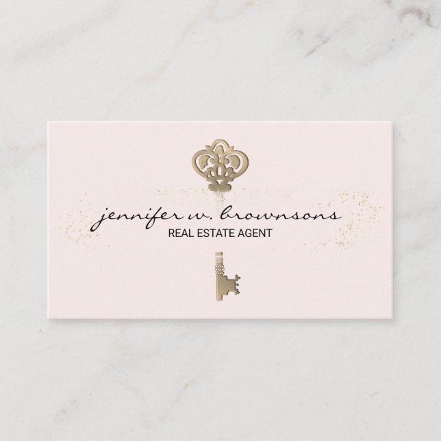 Blush Pink Real Estate Retro Gold Key Business Card (Front)