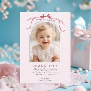 Blush Pink Red Bow Birthday Arch Photo Thank You Card