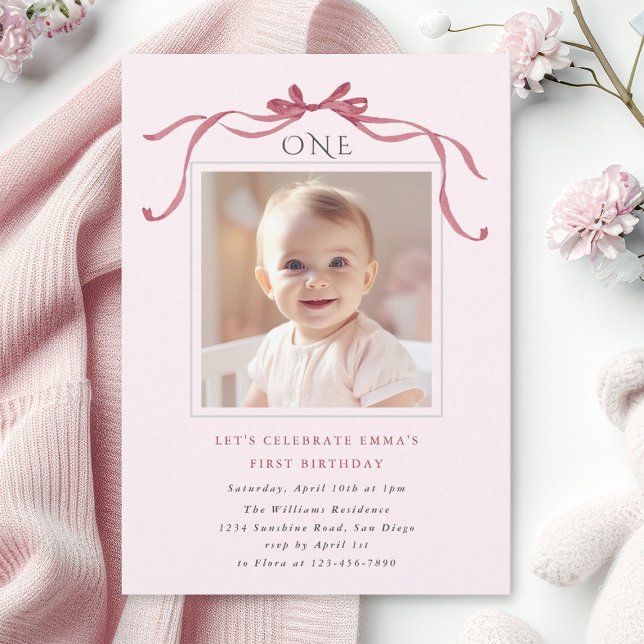 Blush Pink Red Bow Girl 1st Birthday Party Invitation (Creator Uploaded)