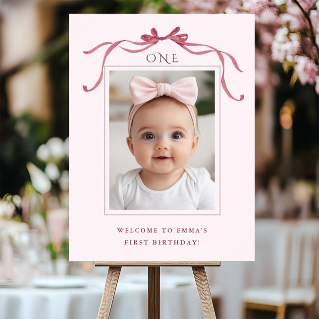 Blush Pink Red Bow Girl 1st Birthday Welcome Poster (Creator Uploaded)