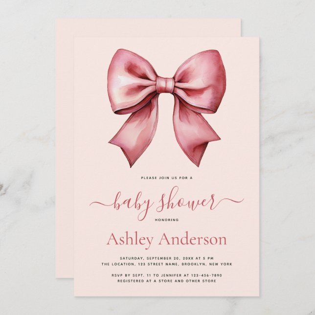 Blush Pink Red Bow Girl Baby Shower Invitation (Front/Back)