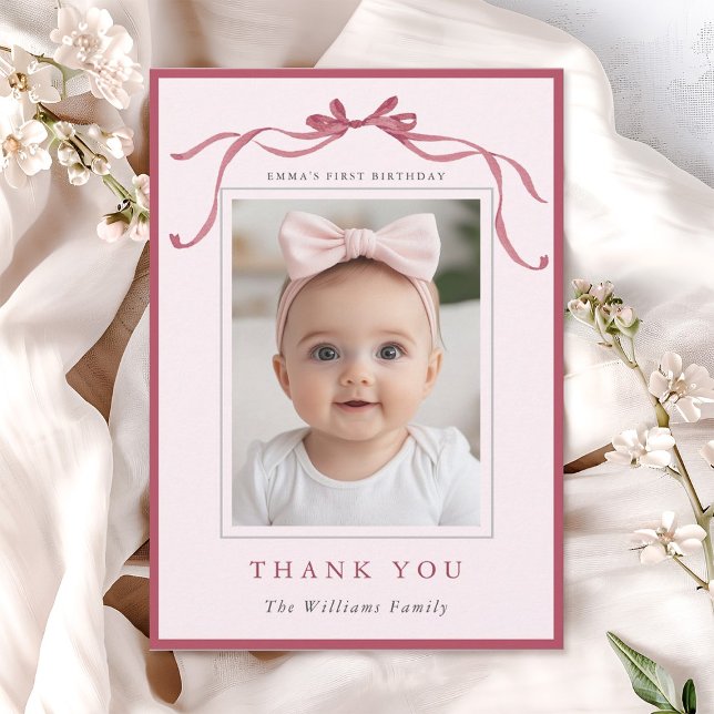 Blush Pink Red Bow Simple Birthday Photo  Thank You Card (Creator Uploaded)