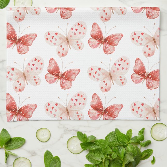 Blush Pink Red Butterflies   Tea Towel (Folded)