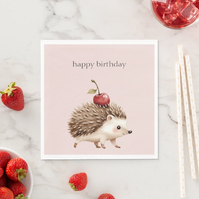 Blush Pink Red Cherry Adorable Hedgehog Birthday Napkin (Insitu)