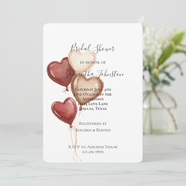 Blush Pink Red Cream Heart Balloons Bridal Shower Invitation (Standing Front)