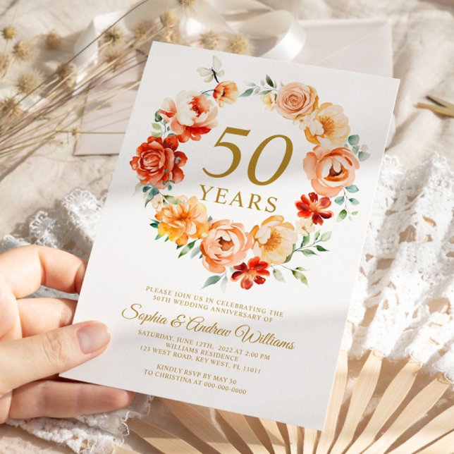 Blush Pink & Red Flowers 50th Anniversary Invitation (Creator Uploaded)