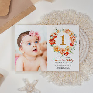 Blush Pink & Red Flowers Wreath Photo 1st Birthday Invitation