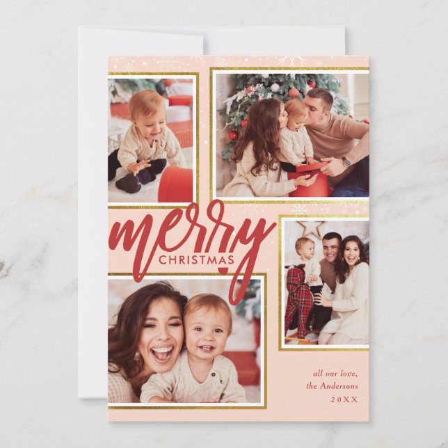 Blush Pink & Red Merry Christmas 4 Photo Collage Holiday Card (Front)