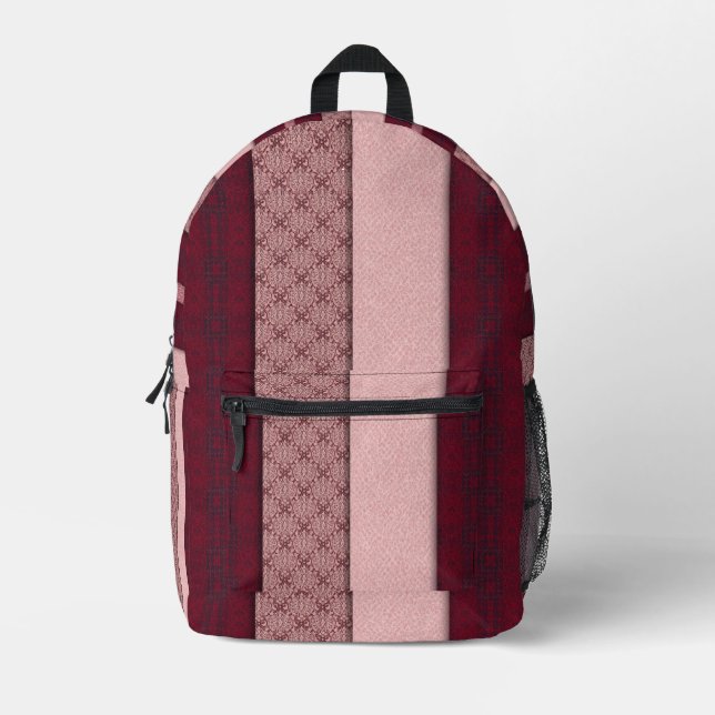 Blush pink & red plaid stripes printed backpack (Front)