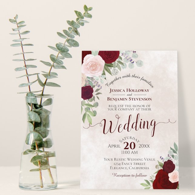 Blush Pink & Red Roses Elegant Boho Wedding Invitation (Creator Uploaded)