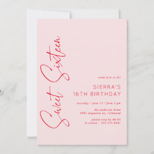 Blush Pink Red Script Sweet 16 Birthday Party Invitation