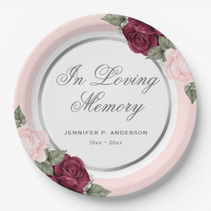 Blush Pink Red Watercolor Floral Memorial Funeral Paper Plate