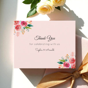 Blush Pink Red Wedding Floral Thank You Note Card