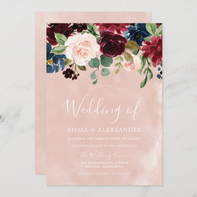 Blush Pink & Red Wine Floral Wedding Invitation (Front/Back)