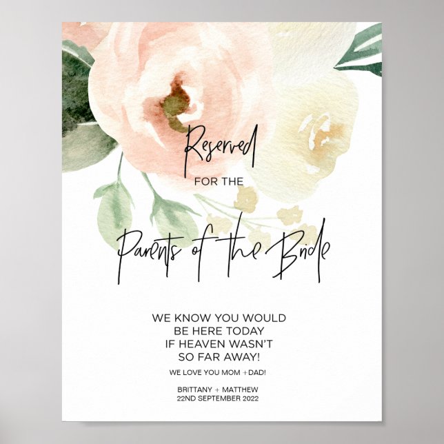 Blush Pink Reserved Parents of Bride Loving Memory Poster (Front)