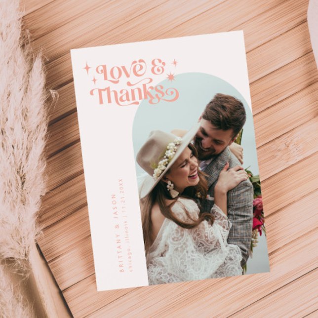 Blush Pink Retro Love & Thanks White Arch Wedding  Thank You Card (Creator Uploaded)