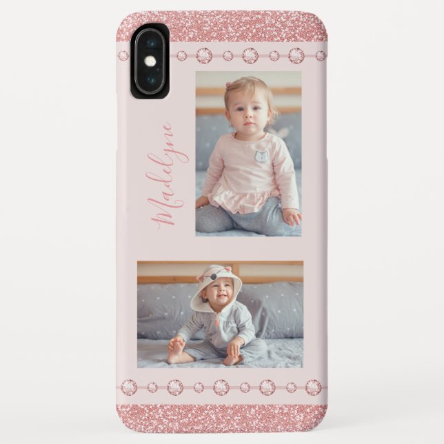 Blush Pink Rhinestone Glitter Name Photo Case-Mate iPhone Case (Back)