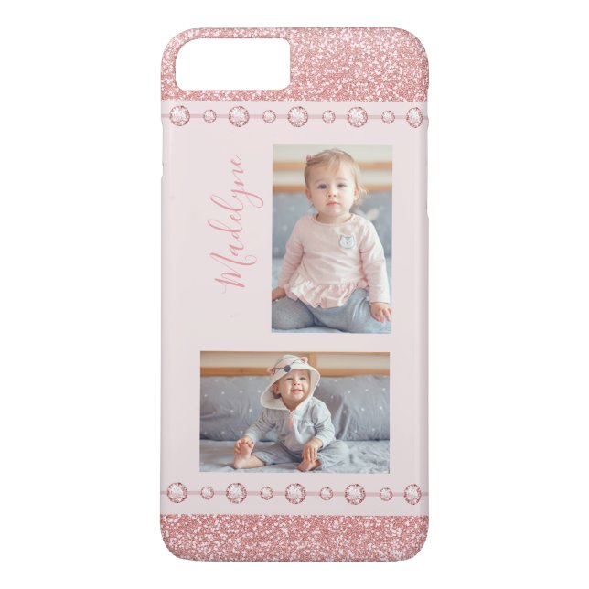 Blush Pink Rhinestone Glitter Name Photo Case-Mate iPhone Case (Back)
