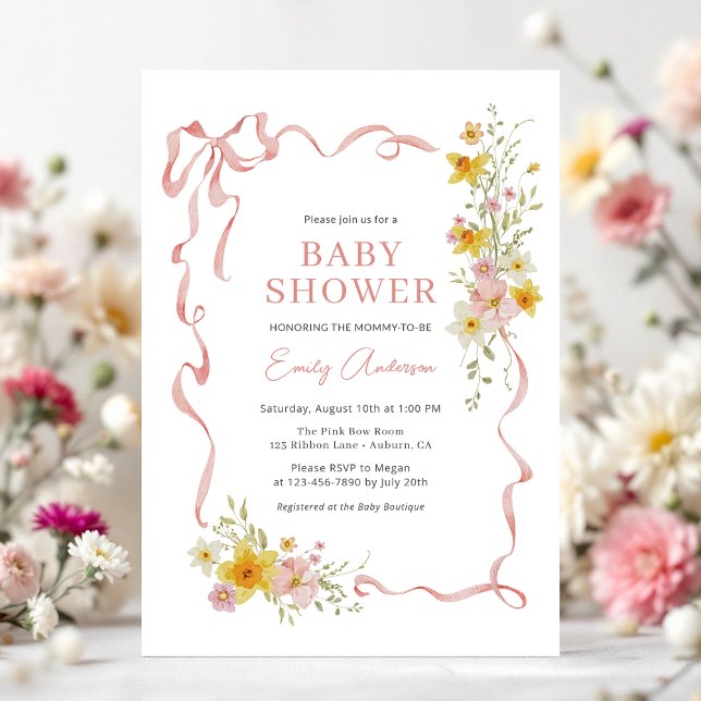 Blush Pink Ribbon Coquette Ribbon Bow Baby Shower Invitation (Creator Uploaded)