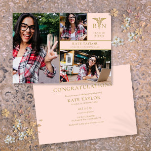 Blush Pink RN Nursing 3 Photo Graduation Party Invitation