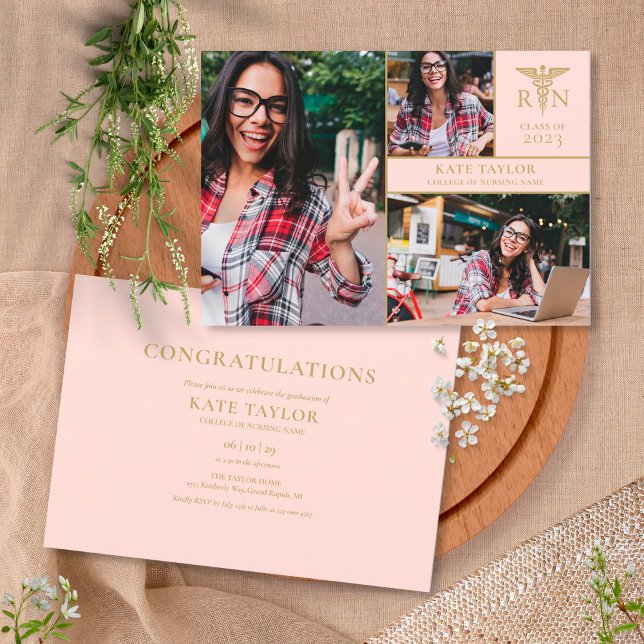 Blush Pink RN Nursing 3 Photo Graduation Party Invitation (Creator Uploaded)