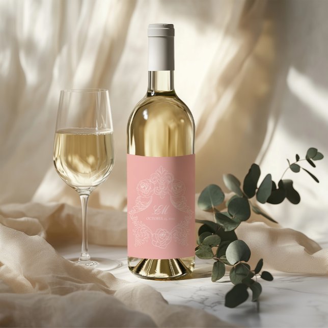 Blush Pink Romantic Crest Monogram Wine Label (Creator Uploaded)