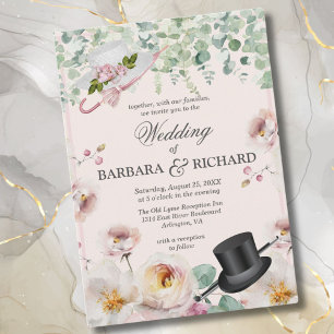 Blush Pink Romantic Floral Top Hat Wedding Invitation
