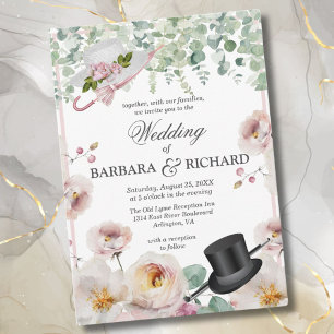 Blush Pink Romantic Floral Top Hat Wedding Invitation