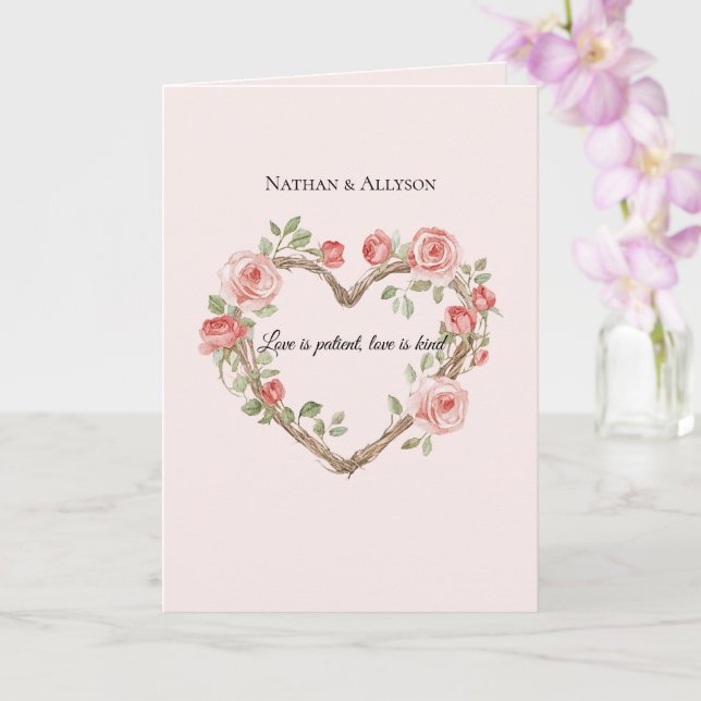 Blush Pink Romantic Red Rose Floral Heart Wedding Card (Orchid)