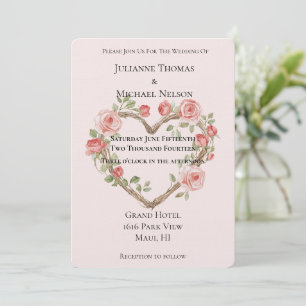 Blush Pink Romantic Red Rose Floral Heart Wedding Invitation
