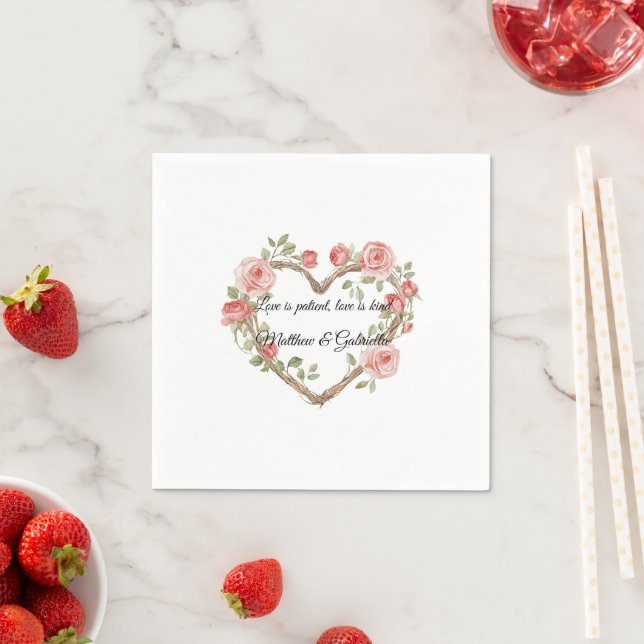 Blush Pink Romantic Red Rose Floral Heart Wedding Napkin (Insitu)