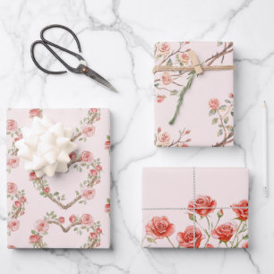 Blush Pink Romantic Red Rose Floral Heart Wedding Wrapping Paper Sheet