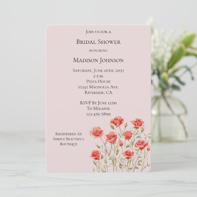 Blush Pink Romantic Red Roses Bridal Shower Invitation (Standing Front)