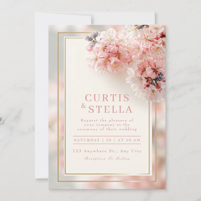 Blush Pink Romantic Sakura Gold Frame Wedding Invitation (Front)
