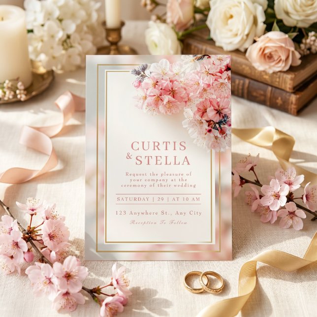 Blush Pink Romantic Sakura Gold Frame Wedding Invitation (Creator Uploaded)