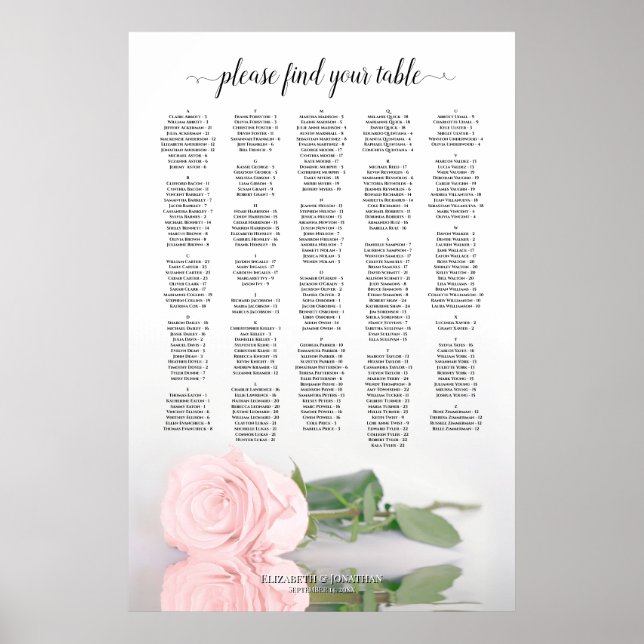 Blush Pink Rose Alphabetical Wedding Seating Chart (Front)