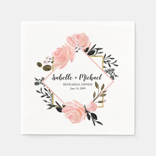 Blush Pink Rose and Black Floral Rehearsal Dinner Napkin (Front)