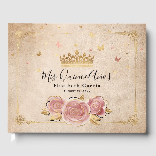 Blush Pink Rose and Gold Crown Elegant Quinceanera Guest Book (Front)