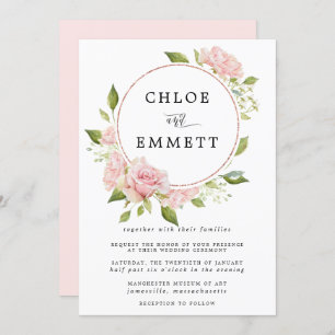 Blush Pink Rose Botanical Wreath Wedding Invitation
