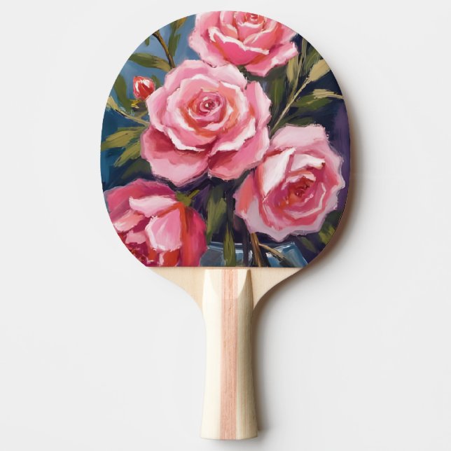 Blush Pink Rose Bouquet Painted Ping Pong Paddle (Front)