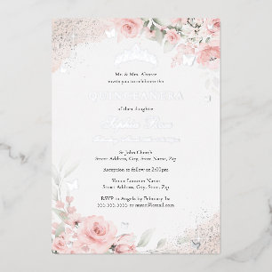 Blush Pink Rose Butterfly Silver Quinceanera