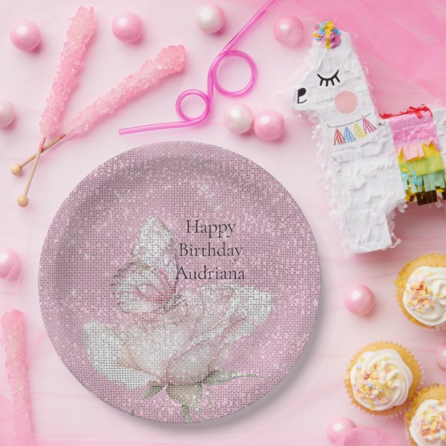 Blush Pink Rose Butterfly Sparkle Birthday Paper Plate (Party)