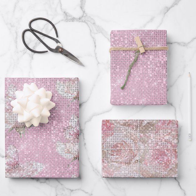 Blush Pink Rose Butterfly Sparkle Birthday Wrapping Paper Sheet (Front)
