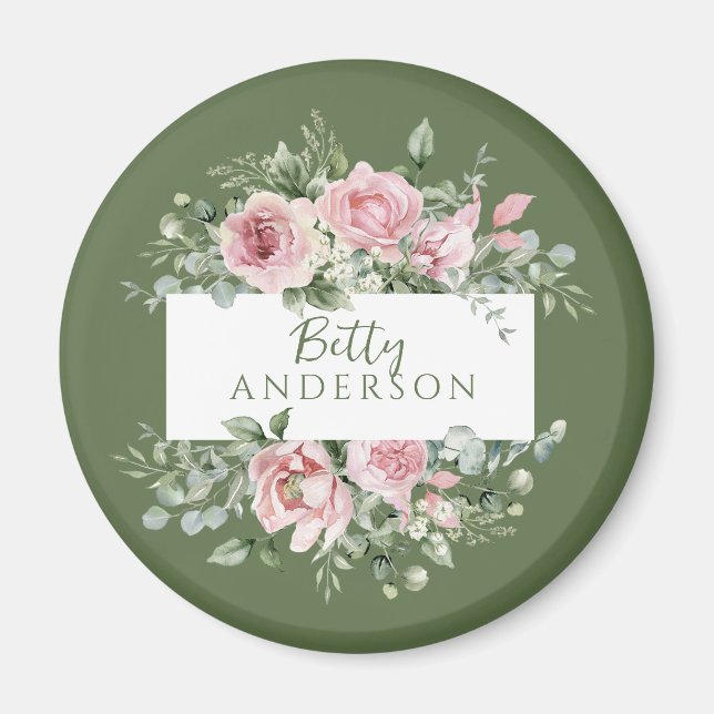 Blush Pink Rose Custom Name Magnet (Front)